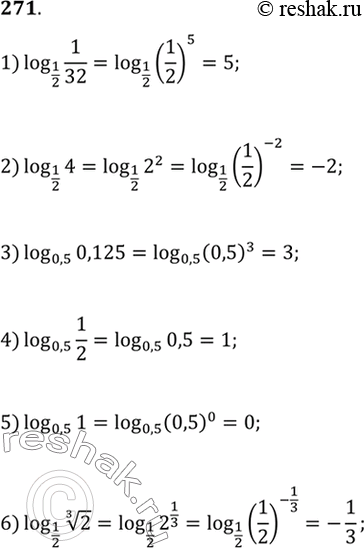  271. 1) log1/2(1/32);2) log1/2(4);3) log0,5(0,125);4) log0,5(1/2);5) log0,5(1);6) log1/2(  3 ...