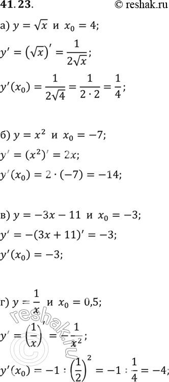         0a)  =  , x0 = 4;) y = x2, x0 = -7;	)  = -3x - 11, 0 = -3;)  = 1/x, x0 =...
