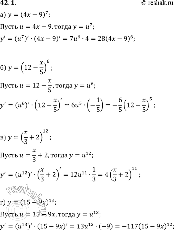    :a) y = (4x - 9)7;) y = (12 - x/5)6;) y = (x/3 + 2)12;) y = (15 -...