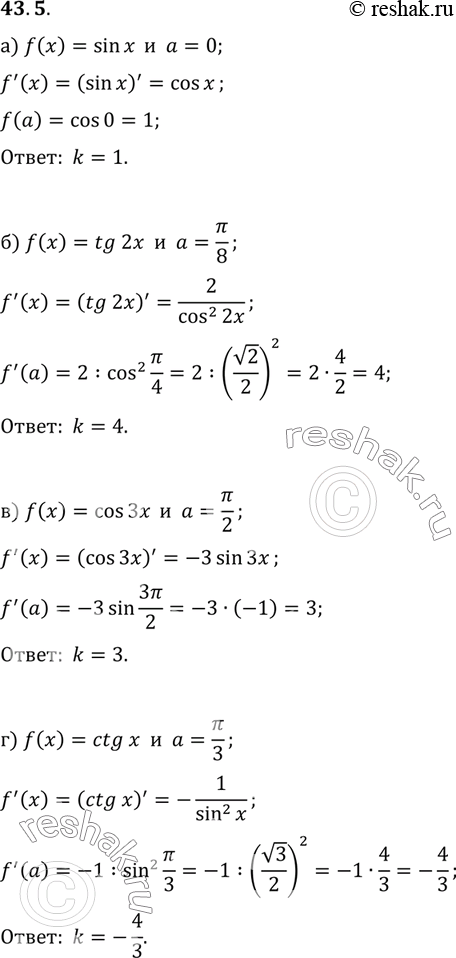  a) f(x) = sin x, a = 0;6) f(x) = tg 2x, a = /8) f(x) = cos 3x, a = /2; ) f(x) = ctg x, a =...