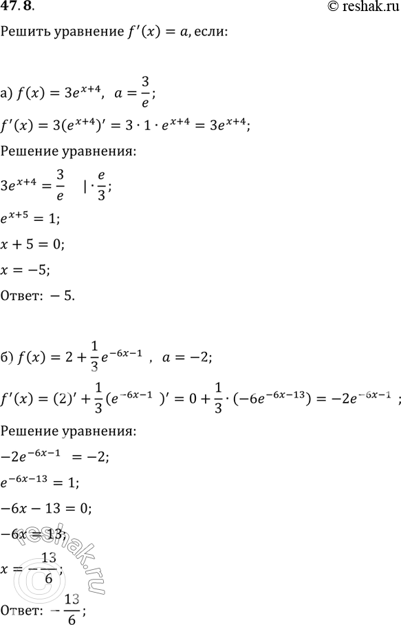  47.8   f'(x) =  :a) f(x) = ^(x + 4),  = 3/e; ) f(x) = 2 + 1/3 e^(-6x - 13),  = -2; ) f(x) = 2e^(-7x + 9), a = -14;) f(x) = 42 -...
