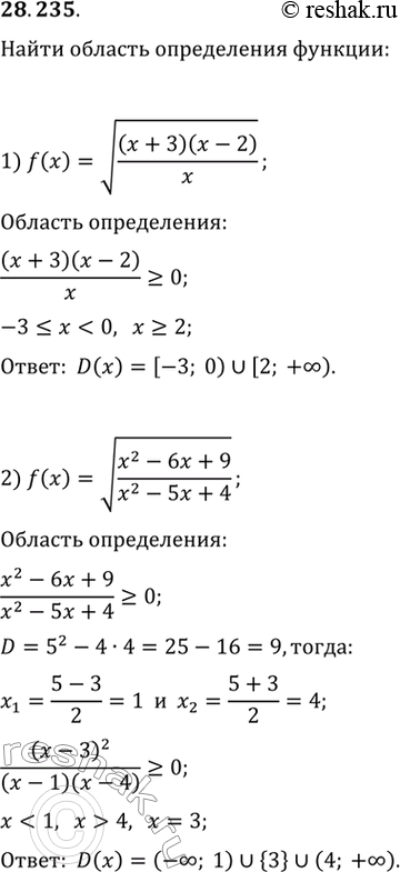  28.235.	   :1) f(x)=v(((x+3)(x-2))/x);2) f(x)=v((x^2-6x+9)/(x^2-5x+4));3) f(x)=v(v(17-15x-2x^2)/(x+3));4)...