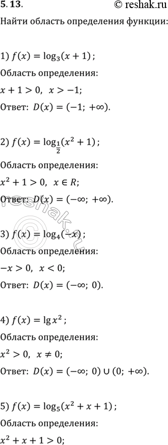  5.13.    :1) f(x)=log_3 (x+1);   5) f(x)=log_5 (x^2+x+1);2) f(x)=log_(1/2) (x^2+1);   6) f(x)=log_0,6 (5x-6-x^2);3) f(x)=log_4...