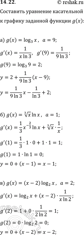  14.22.       y=g(x)   x=a:) g(x)=log_3(x), a=9;) g(x)=x^(1/3)ln(x), a=1;) g(x)=(x-2)log_2(x), a=2;)...