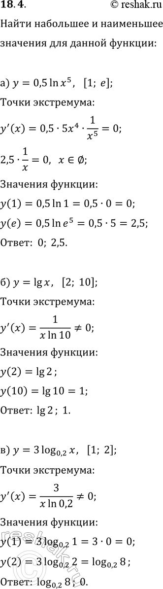  18.4.          :) y=0,5ln(x^5), [1; e];   ) y=ln(x), [1/e; e^2];) y=lg(x), [2; 10];   )...