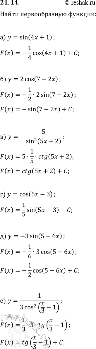  21.14.      :) y=sin(4x+1);   ) y=cos(5x-3);) y=2cos(7-2x);   ) y=-3sin(5-6x);) y=-5/sin^2(5x+2);   )...
