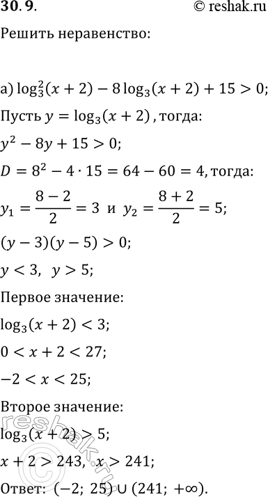  30.9.      :) (log_3(x+2))^2-8log_3(x+2)+15>0;)...