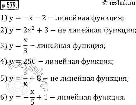  579. (.)    ,  :1) y=-x-2; 2) y=2x^2+3; 3) y=x/3; 4) y=250; 5) y=3/x+8; 6) y=-x/5+1 ...