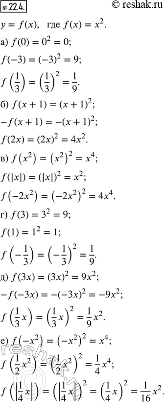  22.4.    = f(),  f() = x^2. :) f(0), f(-3), f(1/3);) f(x + 1), -f(x + 1), f(2x);) f(x^2), f(|x|), f(-2x^2);) f(3), f(1), f(-1/3);)...