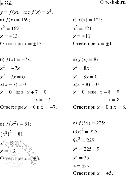  22.6.    = f(),  f() = x^2.      :) f(x) = 169;    ) f() = 121;) f(x) = -7;    ) f(x) = 8x;) f(^2) =...