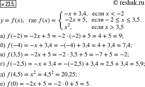  23.5.    = f(x),  f(x) = {-x + 3,4,  x < -2; -2x + 5,  -2 ? x ? 3,5; x^2,  x > 3,5}. :) f(-2);   ) f(3,5);    ) f(4,5);)...