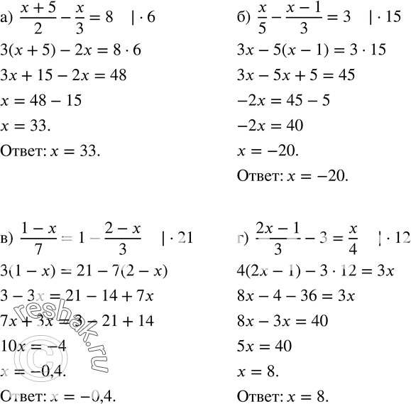  166.  ;      1  :)  (x+5)/2-x/3=8; )  x/5-(x-1)/3=3; )  (1-x)/7=1-(2-x)/3; )  (2x-1)/3-3=x/4....