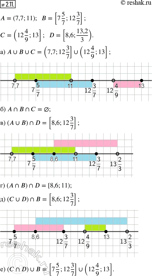  2.11.    = (7,7; 11),  = [7 5/7; 12 3/7],  = (12 4/9; 13]  D = [8,6; 13 2/3).  :a) A ? B ? C;    ) (A ? B) ? D;   ) (C ? D) ? B;)...