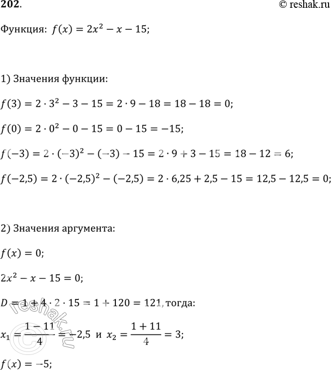  202.   f(x) = 2x^2 - x - 15.1)  f(3), f(0), f(-3), f(-2,5).2)   ,   f(x) = 0, f(x) = -5.3)  ...