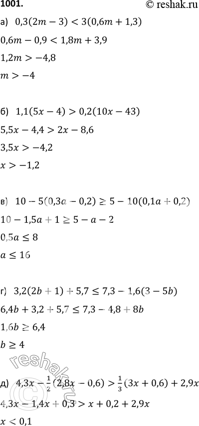  1001.  :) 0,3(2m - 3) < 3(0,6m + 1,3);) 1,1(5x - 4) > 0,2(10x - 43);) 10 - 5(0,3 - 0,2) >= 5 - 10(0,1 + 0,2);) 3,2(2b + 1) + 5,7 ...