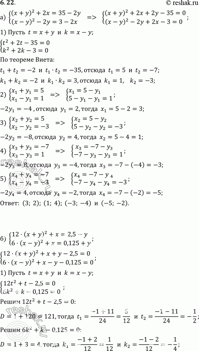  6.22 ) (x+y)2+2x=35-2y,(x-y)2-2y=3-2x;) 12(x+y)2+x=2,5-y,6(x-y)2+x=0,125+y....