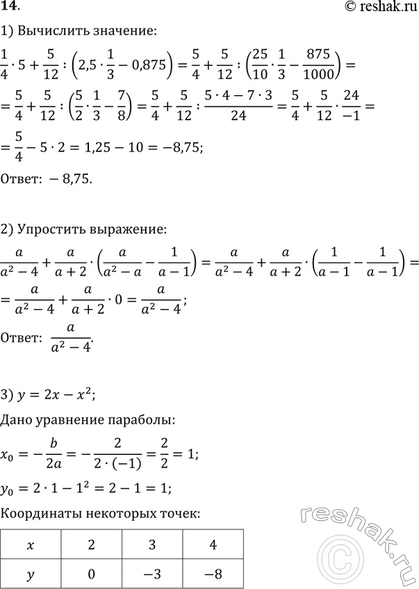 14. 1)  1/45+5/12:(2,51/3-0,875).2)   a/(a^2-4)+a/(a+2)(a/(a^2-a)-1/(a-1).3)    y=2x-x^2.4)   ...