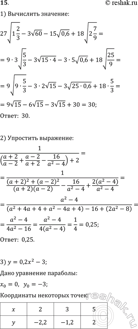  15. 1)  27v(1 2/3)-3v60-15v(0,6)+18v(2 7/9).2)   1/((a+2)/(a-2)+(a-2)/(a+2)-16/(a^2-4)+2).3)    y=0,2x^2-3.4)...