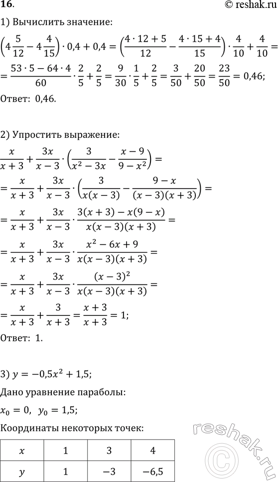  16. 1)  (4 5/12-4 4/15)0,4+0,4.2)   x/(x+3)+3x/(x-3)(3/(x^2-3x)-(x-9)/(9-x^2)).3)    y=-0,5x^2+1,5.4) ...
