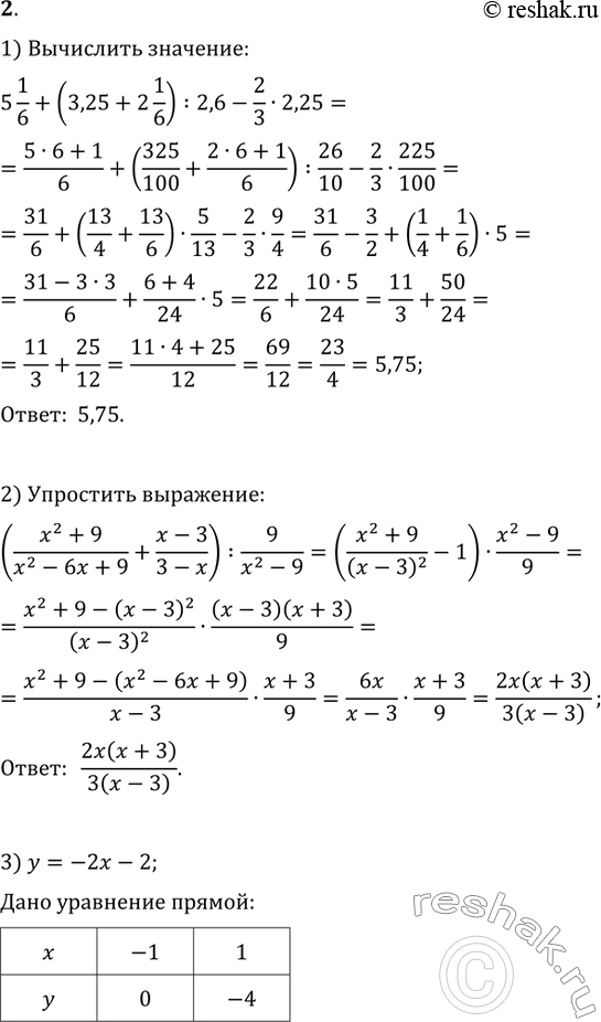  2. 1)  5 1/6+(3,25+2 1/6):2,6-2/32,25.2)   ((x^2+9)/(x^2-6x+9)+(x-3)/(3-x)):9/(x^2-9).3)    =-2-2. ...
