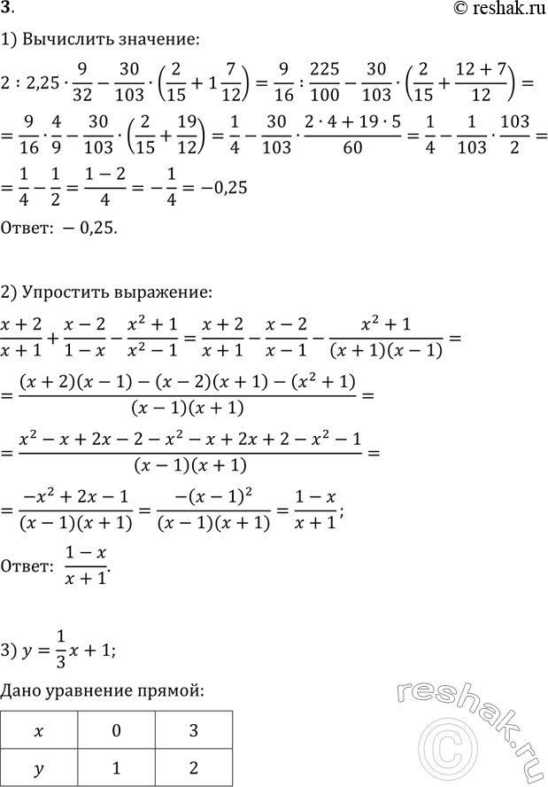 3. 1)  2:2,259/32-30/103(2/15+1 7/12).2)   (x+2)/(x+1)+(x-2)/(1-x)-(x^2+1)/(x^2-1).3)    y=(1/3)x+1. ,...
