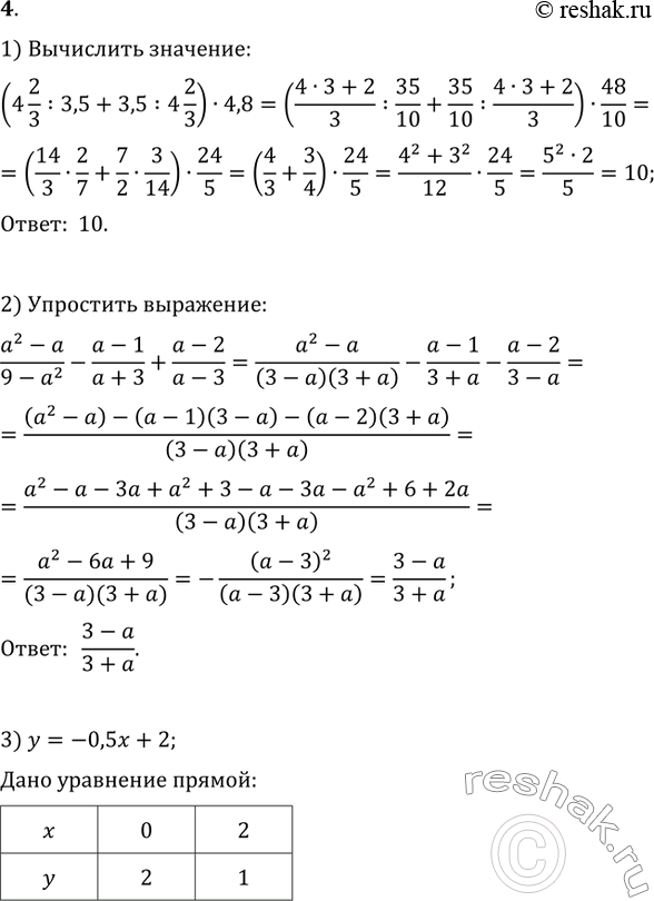  4. 1)  (4 2/3:3,5+3,5:4 2/3)4,8.2)   (a^2-a)/(9-a^2)-(a-1)/(a+3)+(a-2)/(a-3).3)    =-0,5+2. ,  ...