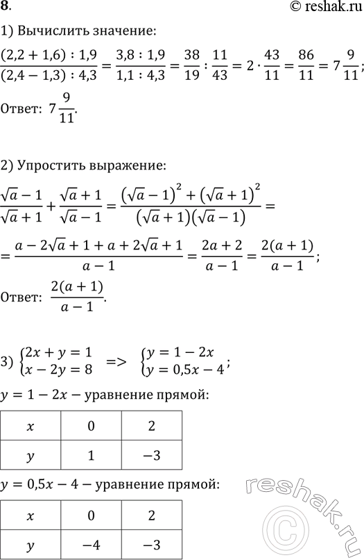  8. 1)  ((2,2+1,6):1,9)/((2,4-1,3):4,3).2)   (va-1)/(va+1)+(va+1)/(va-1).3)     : {(2x+y=1,...