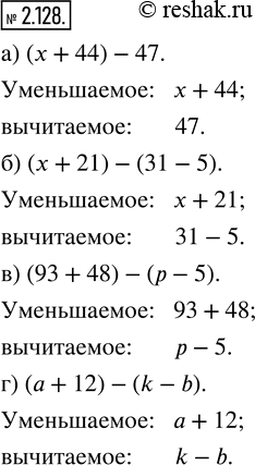  2.128.      :) (x + 44) - 47;         ) (93 + 48) - (p - 5);) (x + 21) - (31 - 5);   ) (a + 12) - (k - b). ...