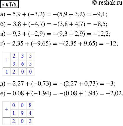  4.176.  :) -5,9 + (-3,2);   ) -9,3 + (-2,9);     ) -2,27 + (-0,73);) -3,8 + (-4,7);   ) -2,35 + (-9,65);   ) -0,08 +...