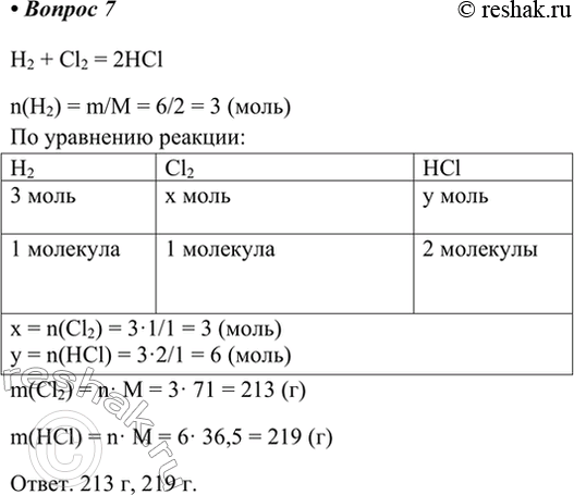  7.      6         ?H2 + Cl2 = 2HCl n(H2) = m/M = 6/2 = 3 () ...