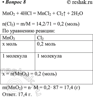  8.    (V),      14,2     .MnO2 + 4HCl = MnCl2 + Cl2^ + 2H2On(Cl2) = m/M = 14,2/71...