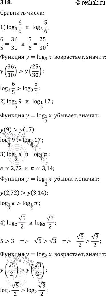  318  :1) log3(6/5)  log3(5/6);1) log1/3(9)  log1/3(17);1) log1/2(e)  log1/2();1) log2( 5/2)  log2(...