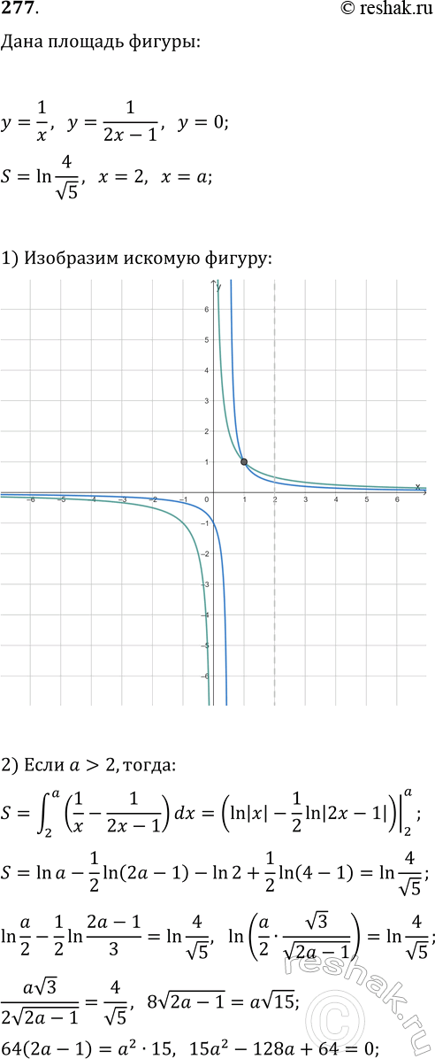 ����������� 277. ������� ������, ������������ ������� y=1/x, y=1/(2x-1), x=2, x=a, y=0, ����� ln(4/v5). �������...
