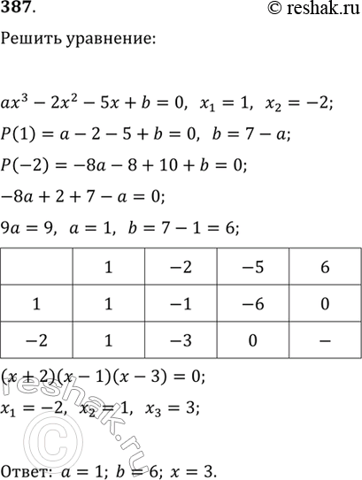 Изображение 387. Уравнение ах3 - 2x2 - 5x + b = 0 имеет корни х1 = 1, x2 = -2. Найти а, b и третий корень этого...