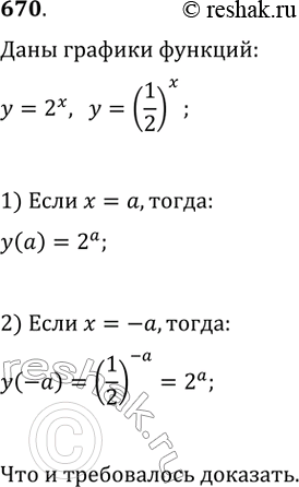 Изображение 670. Доказать, что графики функций у = 2^х и y=(1/2)^x симметричны относительно оси...