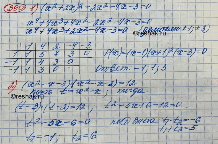  390. 1) (2 + 2)2 - 22 - 4 - 3 = 0; 2) (2 -  - 3)(2 --2) = 12;3) (2 + x)2 + (3x - 1)2 + 5( - 1) = 6;4) 2(2 - 5) - 2(2 - 4) + 4 = 0;5) (x2 - 2x)2 -...