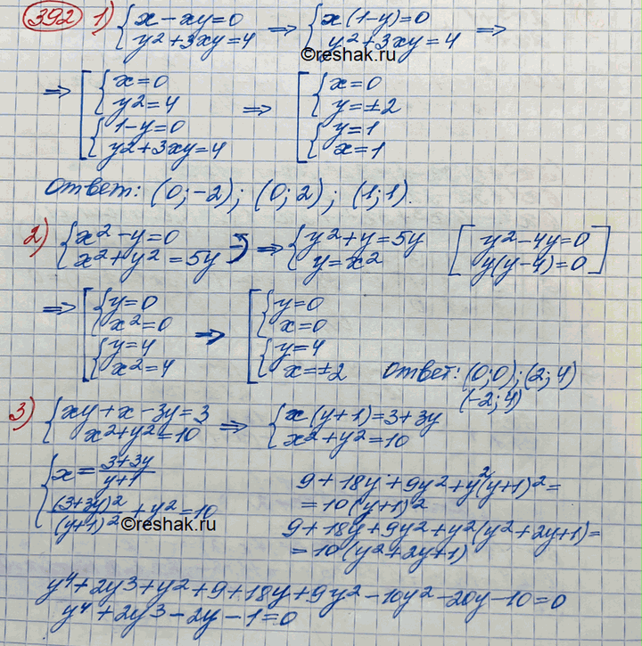 ����������� 392. ������ ������� ���������:1) �������x-xy=0,y2+3xy-4;2) �������x2-y=0,x2+y2=5y;3) �������xy+x-3y=3,x2+y2=10;4) �������x+y+xy=11,x2y+xy2=30....