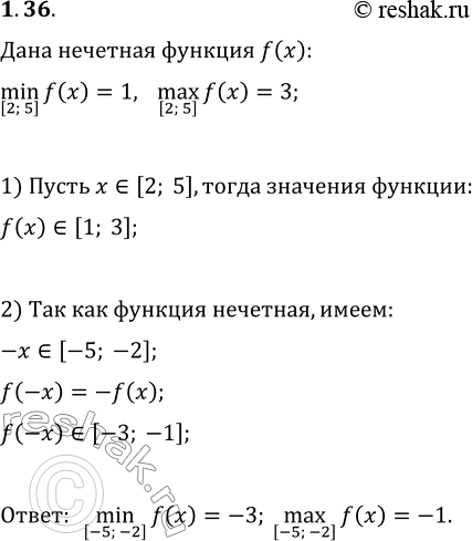  1.36.  f    [2;5]min f(x) = 1, [2;5]max f(x) = 3.  [-5;-2]min f(x), [-5;-2]max...