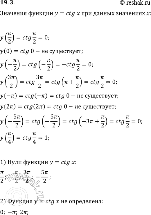  19.3.    ?/2, 0, -?/2, 3?/2, -?, 2?, -5?/2, ?/4:1)    y=ctg x;2)      y=ctg...