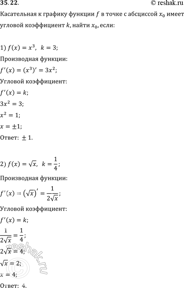  35.22.     f     x_0    k.  x_0, : 1) f(x)=x^3, k=3;   3) f(x)=1/x^2, k=-1/4;2) f(x)=vx,...