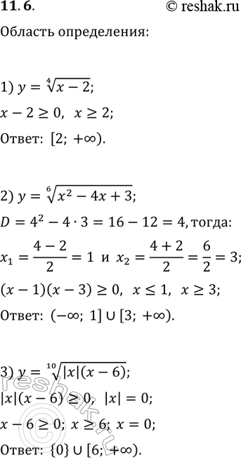����������� 11.6. ������� ������� ����������� �������:1) y=(x-2)^(1/4);   2) y=(x^2-4x+3)^(1/6);   3)...