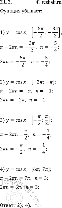  21.2.         y=cos(x):1) [-5?/2; -3?/2];   2) [-2?; -?];   3) [-?/2; ?/2];   4) [6?;...