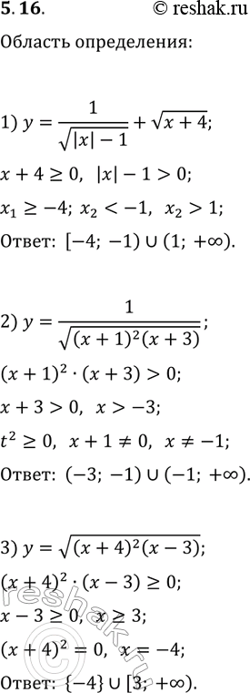 ����������� 5.16. ������� ������� ����������� �������:1) y=1/v(|x|-1)+v(x+4);   3) y=v((x+4)^2 (x-3)).2) y=1/v((x+1)^2...