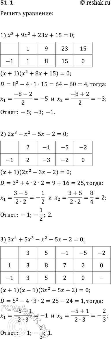 ����������� 51.1. ������ ���������:1) x^3+9x^2+23x+15=0;2) 2x^3-x^2-5x-2=0;3) 3x^4+5x^3-x^2-5x-2=0;4) 5x^4+9x^3-2x^2-4x-8=0;5) 2x^4-3x^3-7x^2+6x+8=0;6)...