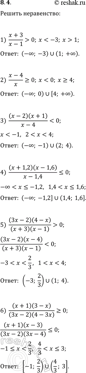 ����������� 8.4. ������� ��������� ������� �����������:1) (x+3)/(x-1)>0;   3) (x-2)(x+1)/(x-4)0;2) (x-4)/x?0;   4) (x+1,2)(x-1,6)/(x-1,4)?0;   6)...