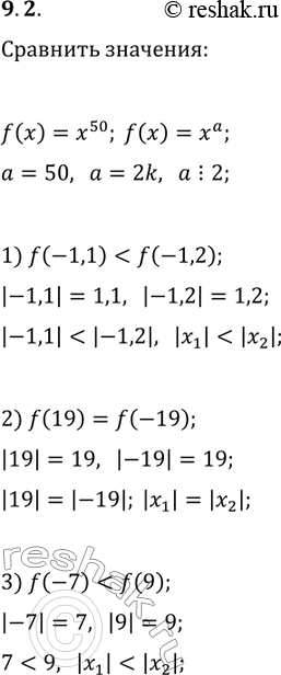 ����������� 9.2. ������� ������ �������� f(x)=x^50. ��������:1) f(-1,1) � f(-1,2);   3) f(-7) � f(9);2) f(19) �...