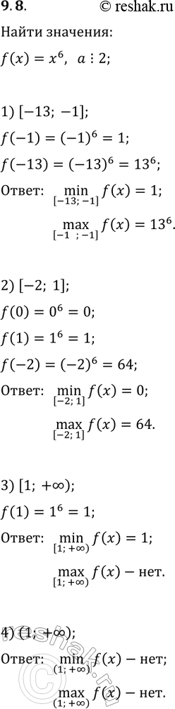 ����������� 9.8. ������� ���������� � ���������� �������� ������� f(x)=x^6 �� ����������:1) [-13; -1];   2) [-2; 1];   3) [1; +?);   4) (1;...
