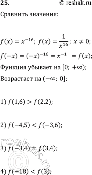 ����������� 25. ������� ������ �������� f(x)=x^(-16). ��������: 1) f(1,6) � f(2,2);   3) f(-3,4) � f(3,4);2) f(-4,5) � f(-3,6);   4) f(-18) �...