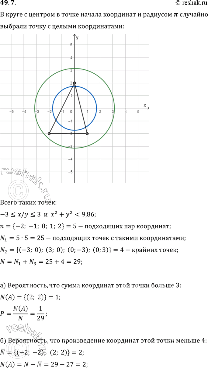 Изображение В круге с центром в начале координат и радиусом л случайно выбрали точку с целыми координатами. Найдите вероятность того, что:a) сумма координат этой точки больше...