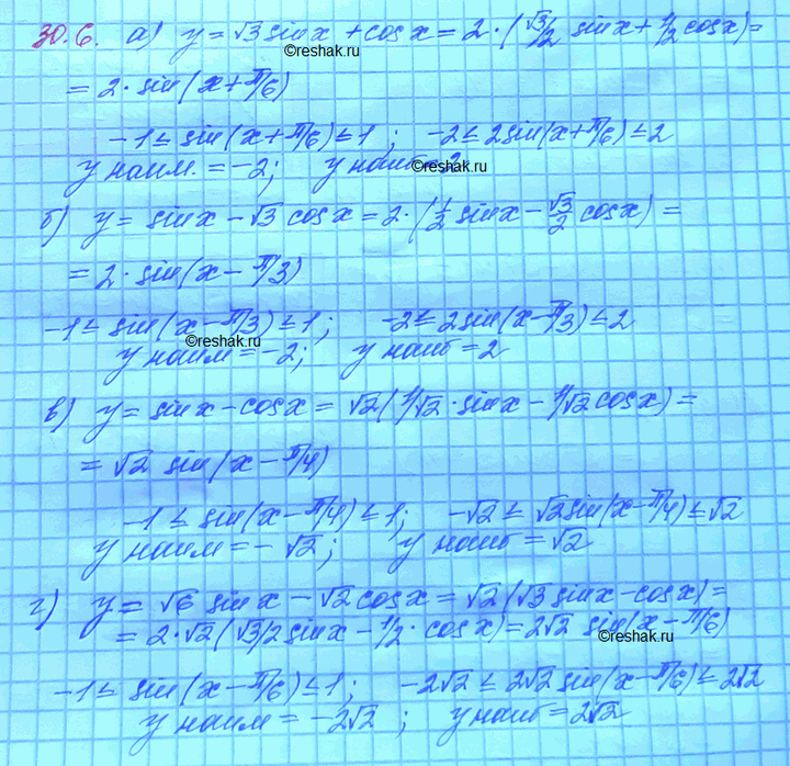 ����������� ������� ���������� � ���������� �������� �������:a) � = ������3 sin x+ cos �;�) � = sin � - ������3 cos �;�) � = sin � - cos �;�) � = ������6 sin � - ������2 cos...